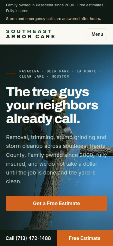 The Southeast Arbor Care website on a phone